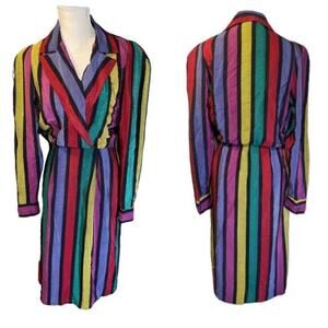 Vintage Soo Young Lee 100% Silk Multicolor Rainbow Stripe MIDI Dress Size 8